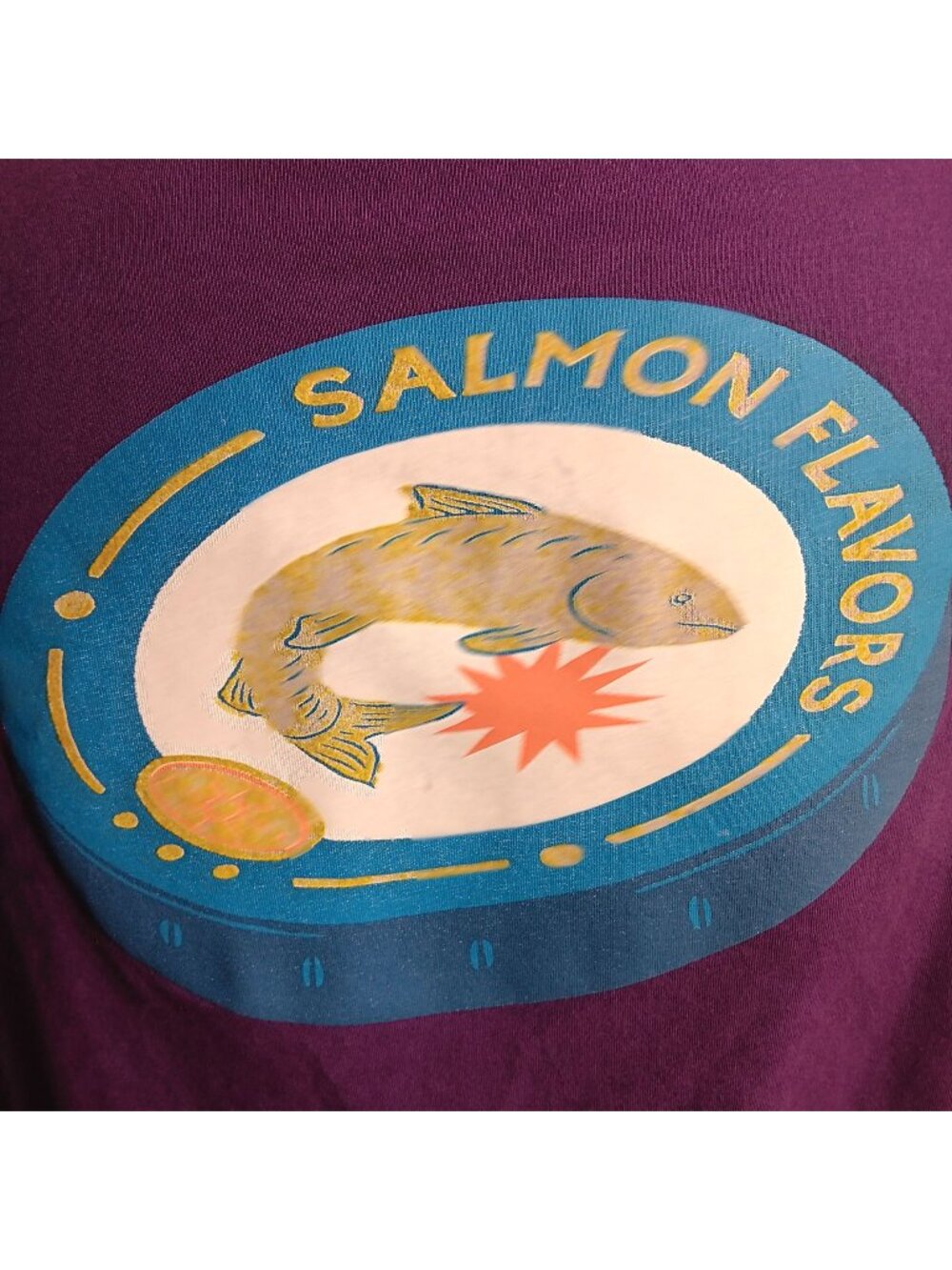 Large Vintage T-shirt Purple Salmon Flavors Graphic T-Shirt 2 Sided Can